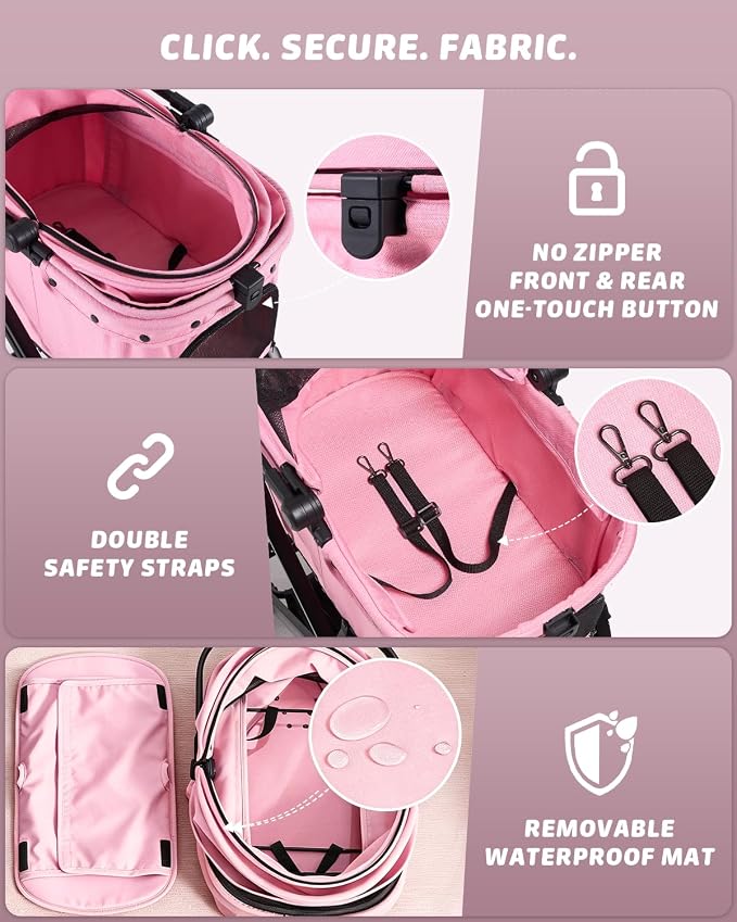 797Audio Dog Cat Stroller for Small Medium Pets,3-in-1 Foldable Pet Stroller with Detachable Carrier,Car Seat,One Click Folding,All-Terrain 4 Wheels,Adjustable Canopy with Sun Shades,Max 121lbs(Pink)