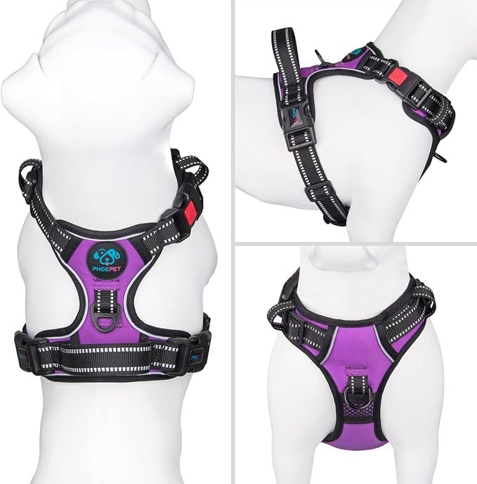 Reflective Dog Harness Large Breed Adjustable No Pull Vest | with Handle 2 Metal Rings 3 Buckles [Easy to Put on & Take off](XL, Purple)