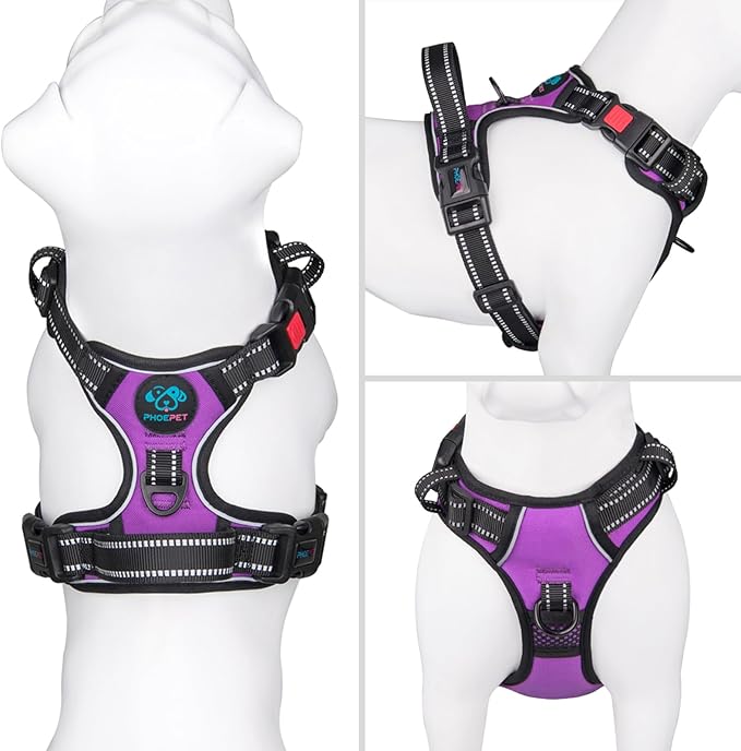No Pull Dog Harness Medium Reflective Front Clip Vest with Handle | Adjustable 2 Metal Rings 3 Buckles,[Easy to Put on & Take Off](M, Purple)