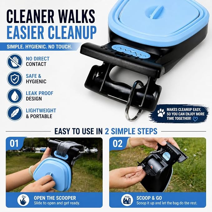 Dog Pooper Scooper with Waste Bag Dispenser – Small Size, Portable, Lightweight, One-Hand Operation, Leak-Proof, Durable Pet Waste Scooper (Blue)