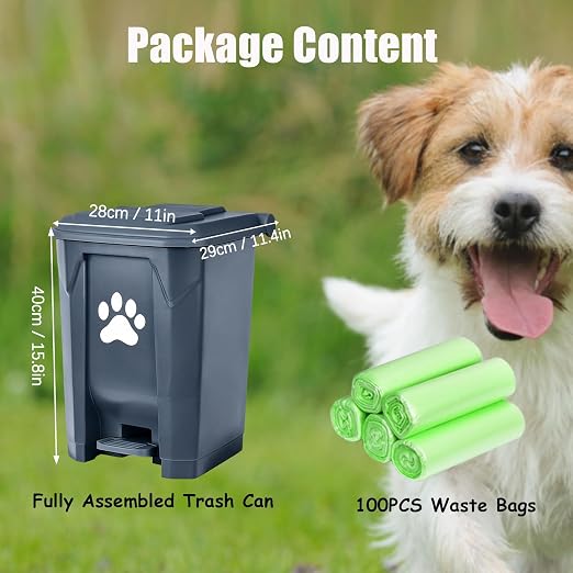 Dog Poop Trash Can for Outdoors, Dog Waste Trash Can for Yard Garden Home with Lid Removable Inner Bin, 100PCS Green Waste Bag, Grey Fully Assembled