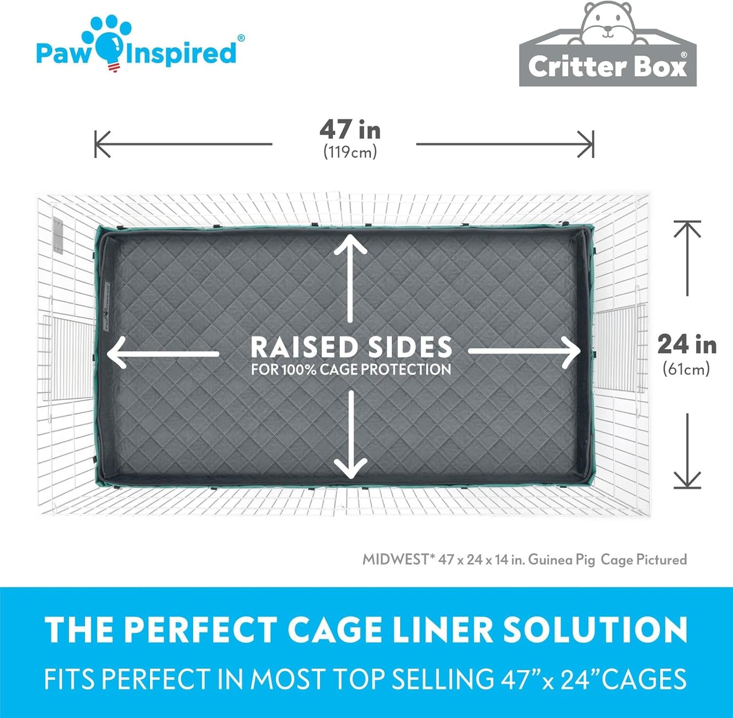 Paw Inspired Critter Box Washable Cage Liner, Reversible Fleece Bedding with Raised Sides for Guinea Pigs and Other Small Animals (Midwest, Gray/Pink)