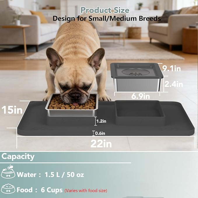 Dog Bowl Set, No Spill Dog Water and Food Bowl with Silicone Mat | Large Capacity 304 Stainless Steel Bowls, 2-In-1 Set, Slow Drinking, Anti-Slip Silicone Feeding Mat, Home/Travel, 6-7 Cups