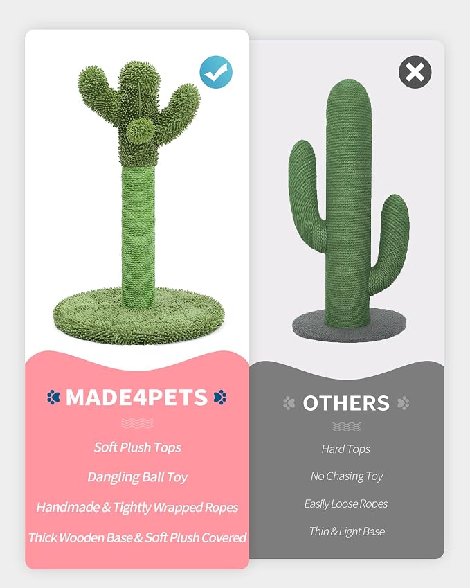 Made4Pets Cactus Cat Scratching Post for Indoor Cats with Plush Ball, 25.6" | Interactive Cactus Cat Scratcher with Natural Sisal Rope, Sturdy Base and Plush Ball for Daily Scratching and Indoor Play