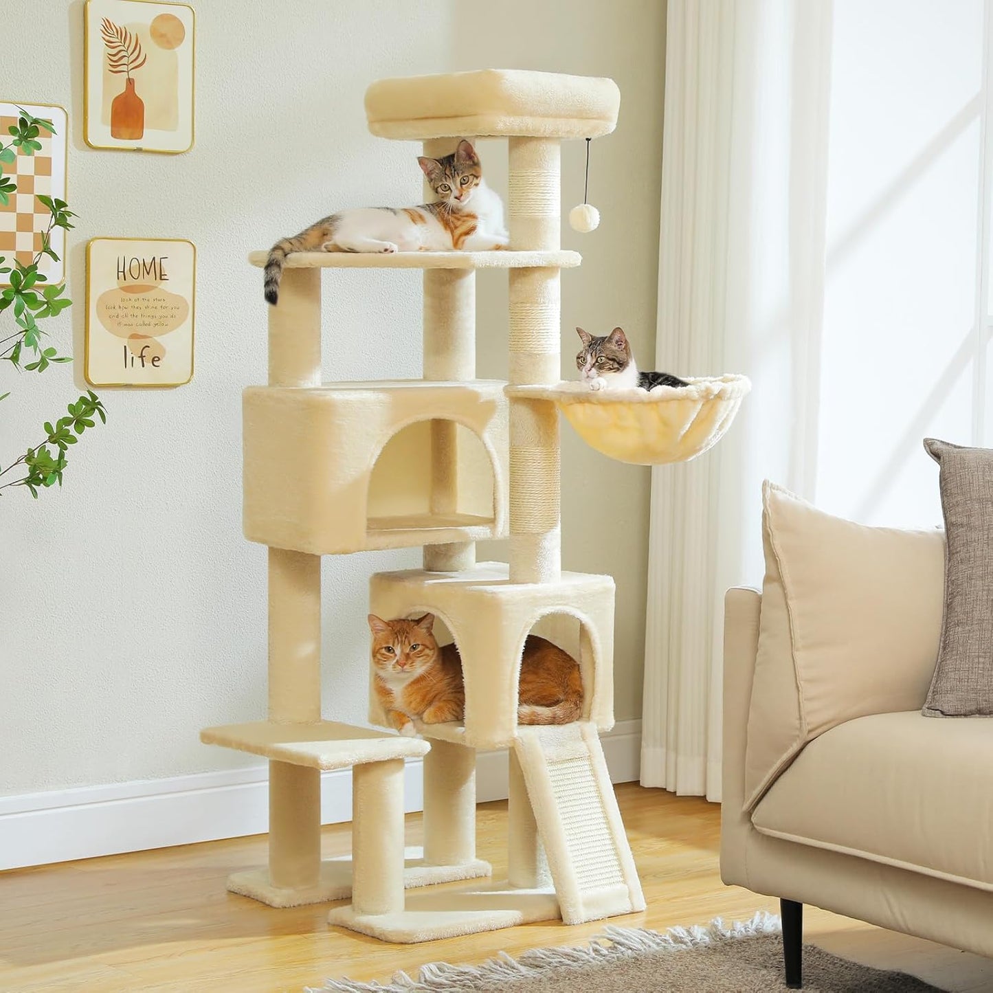PAWZ Road Cat Tree, 51.6 Inches Cat Tower with Dual Condos, Spacious Perch, Cozy Basket and Sisal-Covered Scratching Posts for Indoor Cats- Beige
