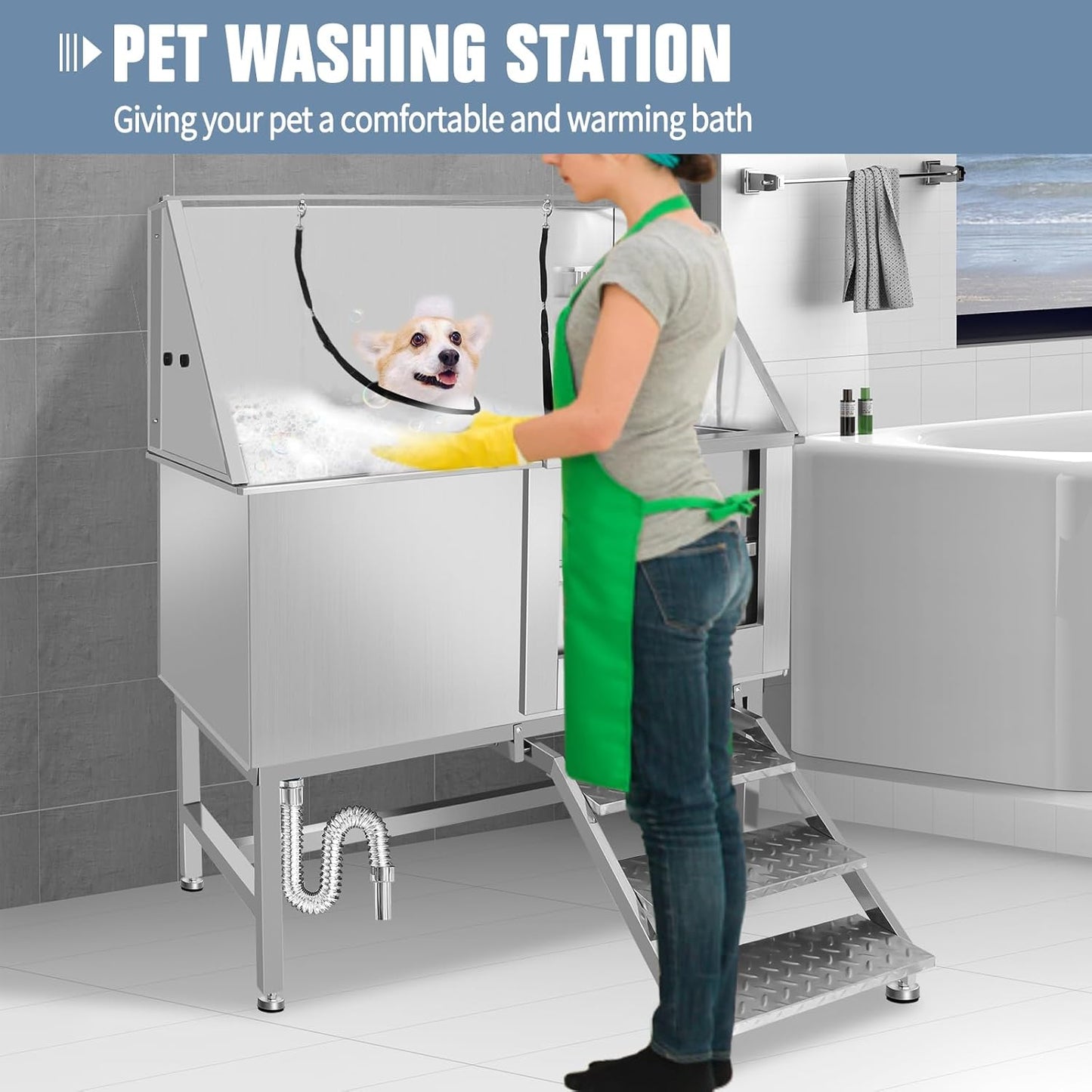 Dog Washing Station 38'' Stainless Steel Pet Grooming Tub for Large Dogs Over-Size Professional Dog Grooming Bathtub Station Wash Shower Sink Pet Grooming Bathtub Station