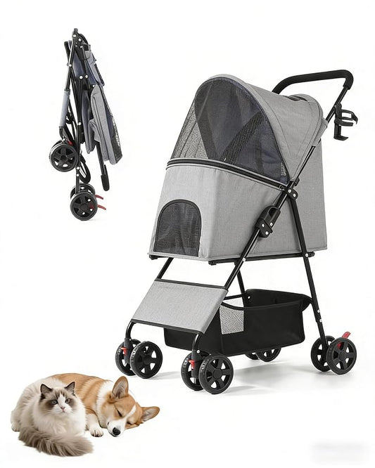 Pet Stroller for Small Medium Dogs Cats - Lightweight Foldable Dog Stroller | 33lbs, 4 Wheels All Terrain Cat Stroller, Breathable Mesh & Safety Tether, Storage Basket for Outdoor Walks-GRAY