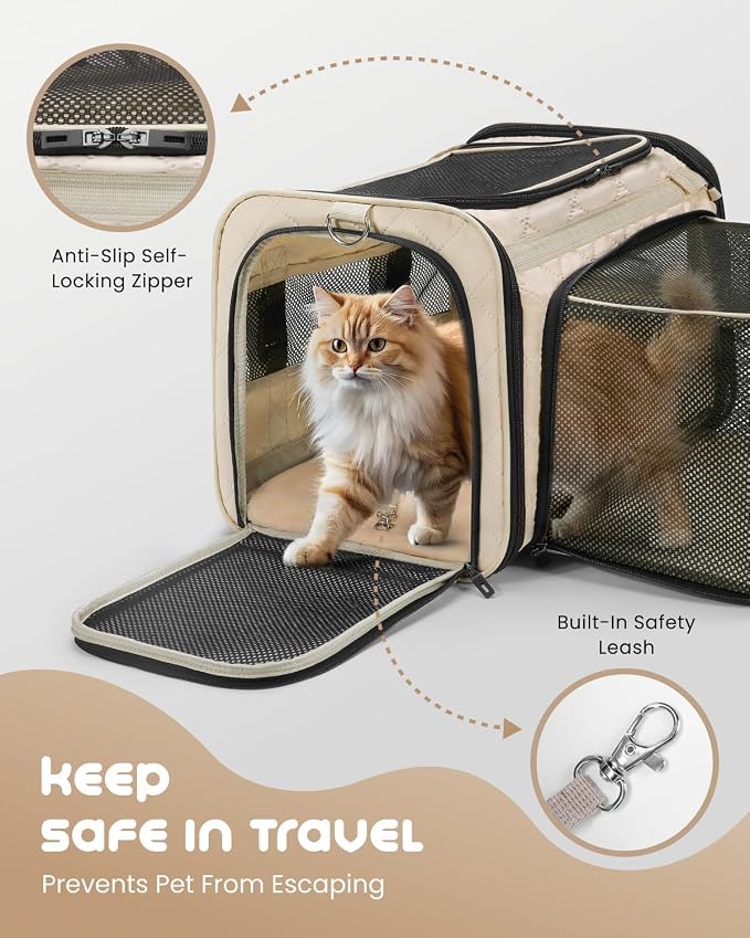 MIDOG Cat Carrier Soft for Small-Medium Cats Up to 15lbs, Airline Approved | Expandable Square Design,Comfort & Breathable Window,Equipped with anti-slip lock zippers and an internal safety leash