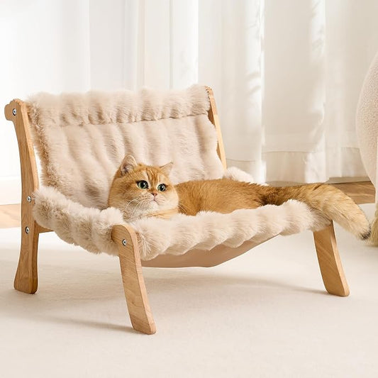Solid Wood Cat Couch Bed for Indoor Cats, Modern Cat Sofa with Ultra-Soft Plush Surface Washable, Reclined Backrest, Elevated Plush Cat Lounge for Small to Adult Cats, Soft Khaki