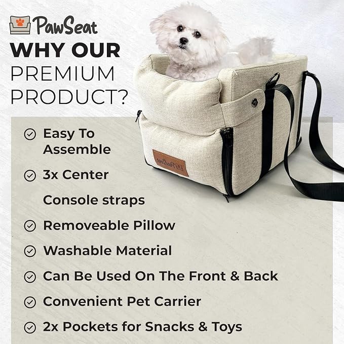 Center Console Dog Car Seat for Small Dogs and Puppies 5-13Lbs, Ideal Armrest Booster Car Travel Seat with Safety Protection Seat Belts, Storage Pockets - Reduces Anxiety (Woven - Beige)