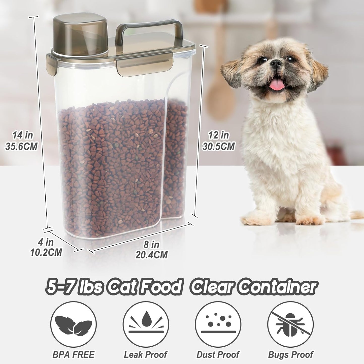 Large Spout Pet Food Storage Container, 10LBS Meter Dispenser with Handle,Measuring Cup, Double Sealing Tape and 4 Safety Snaps to Seal Dog Food and Cat Food