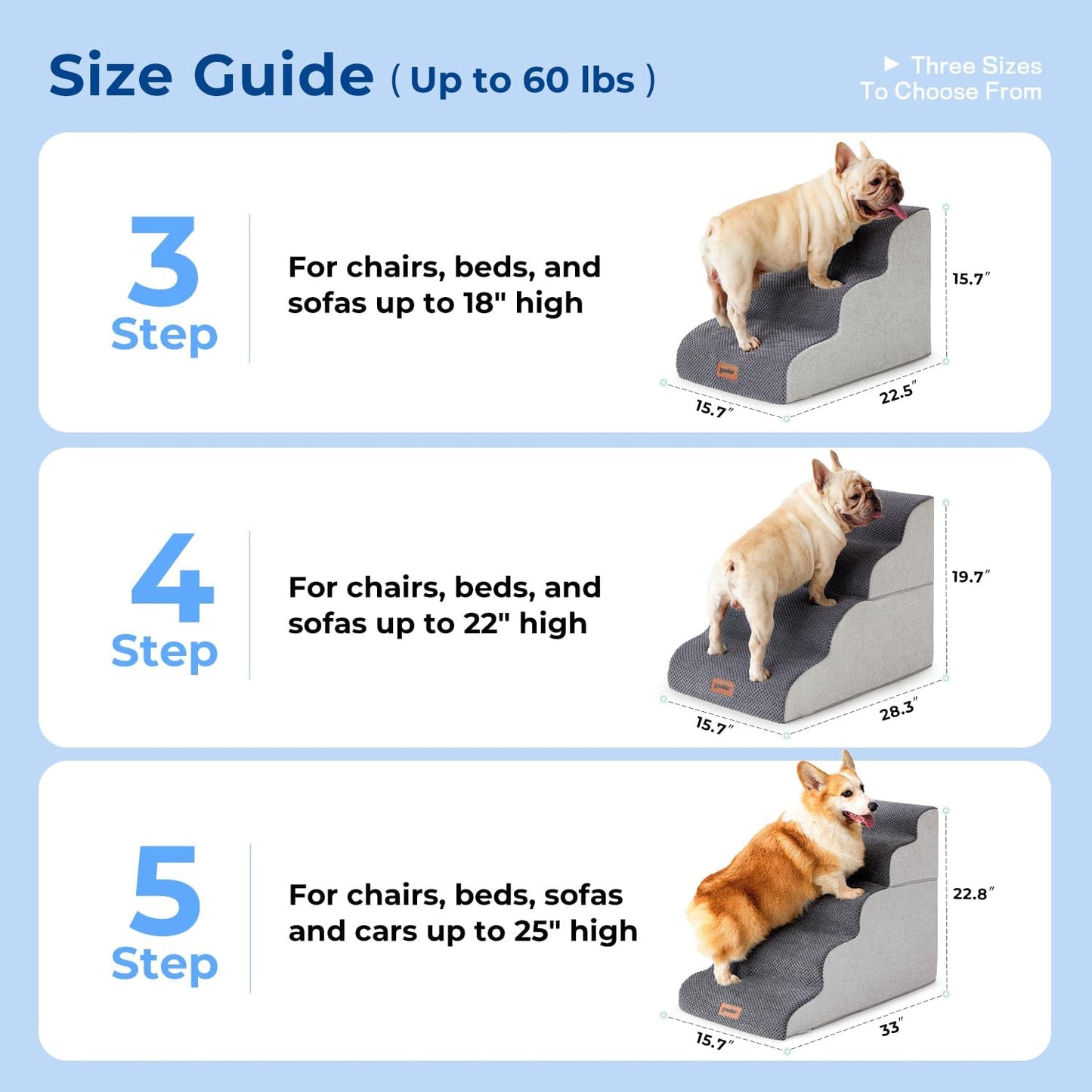 Dog Stairs Ramp for Bed 19.7" H - Pet Stairs for Small to Medium Dogs to Get on Bed and Couch, 35D Foam Dog Steps with Non-Slip Bottom Grey, 4 Steps