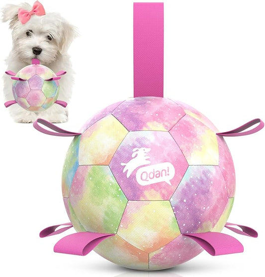 QDAN Dog Balls, Dog Soccer Ball with Straps, Pink Girl Puppy Toy Balls for Small Medium Dogs, Outdoor Water Pool Toys, Puppy Pet Birthday Gifts, Rainbow（6 Inch）