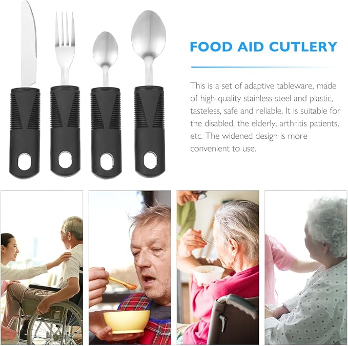Healifty Adaptive Utensils Set for Elderly: 4 Piece Weighted Silverware for Hand Tremors, Elderly Seniors, Arthritis Grip Aids. Stainless Steel Fork, Spoon, Knife Tableware Kit