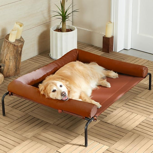 Cooling Elevated Dog Bed for Large Dogs – Waterproof Raised Dog Cot with Slope Headrest, Breathable Teslin Mesh, Durable & Portable Pet Bed for Indoor and Outdoor Use, Caramel