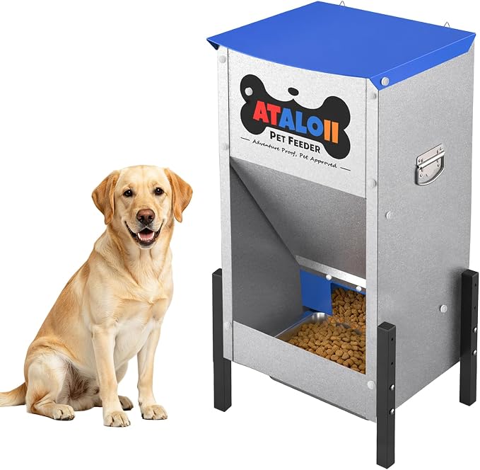 Automatic Dog Feeder 50 lbs — Height-Adjustable with Magnetic Door | Gravity Dog Feeder Dispenser, Large Capacity Self-Feeding Station for Small Medium Large Dogs, Indoor & Outdoor (Blue)