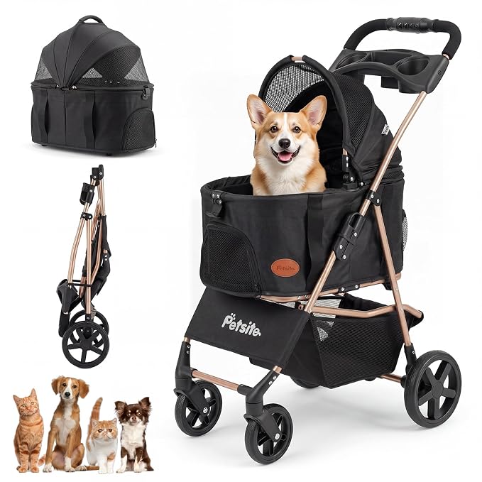 PETSITE 3-in-1 Pet Stroller for Small Medium Dogs, One-Click Foldable Dog Stroller with Detachable Carrier, Cup Holder & Storage Basket, Safety Leash, One-Step Rear Brake, Breathable Window (Black)