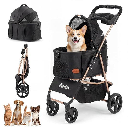 PETSITE 3-in-1 Pet Stroller for Small Medium Dogs, One-Click Foldable Dog Stroller with Detachable Carrier, Cup Holder & Storage Basket, Safety Leash, One-Step Rear Brake, Breathable Window (Black)