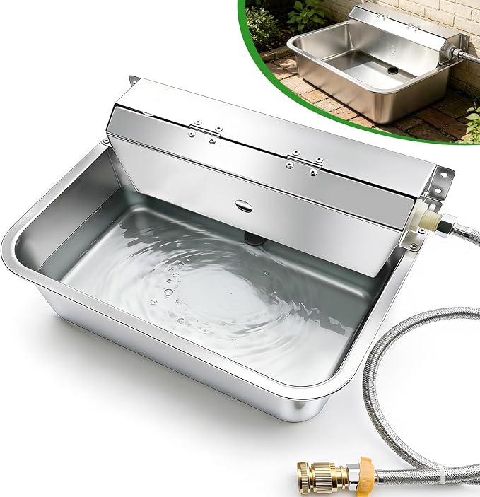 Automatic Dog Water Dispenser with Drain Hole, 304 Stainless Steel Auto Water Dog Bowl with Float Valve, Hose Quick Connect Fitting, Automatic Livestock Waterer for Horse, Chicken (4 Gallons)