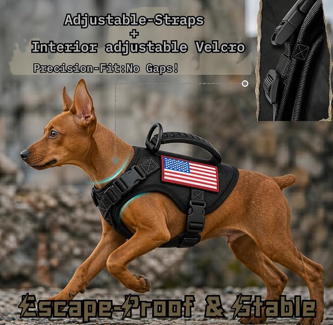 Tactical Dog Harness for Small Puppy, Escape Proof No Pull Military Dog Vest with Vertical Handle, Adjustable XS Puppy Harness with Chest Support Pad, Breathable Mesh, 2 Patches, Black