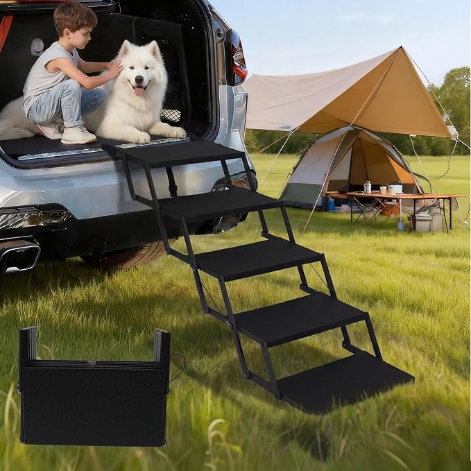 Dog Steps for Car, Truck, SUV, Dog Ramps for Cars with High Traction Surface, Portable Waterproof Dog Stairs for Large Dogs, Supports Up to 200 lbs, 5 Steps