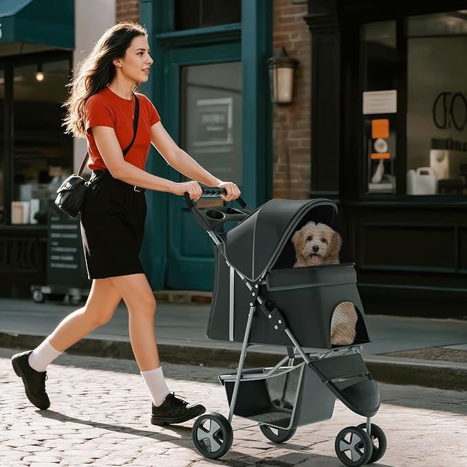 Pet Stroller for Small Dogs 10 lbs, Dog Stroller for Medium Dogs 30 lbs, Cat Strollers for 2 Cats, 3 Wheels Foldable Jogger Puppy Stroller with Storage Basket and Cup Holder, Carbon Black