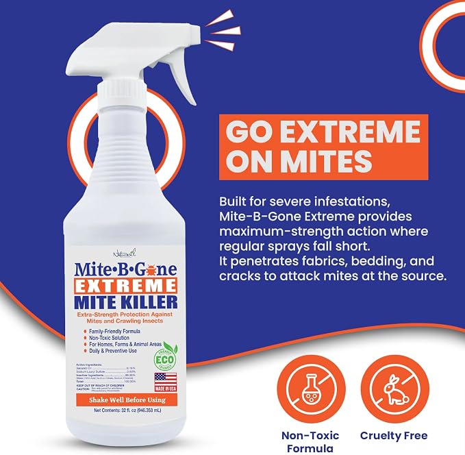 Mite-B-Gone Extreme Mite Killer Spray, 32 oz – Extra-Strength Surface Treatment for Bedding, Furniture, Carpets, Home & Pet Use – Plant-Based, Made in USA