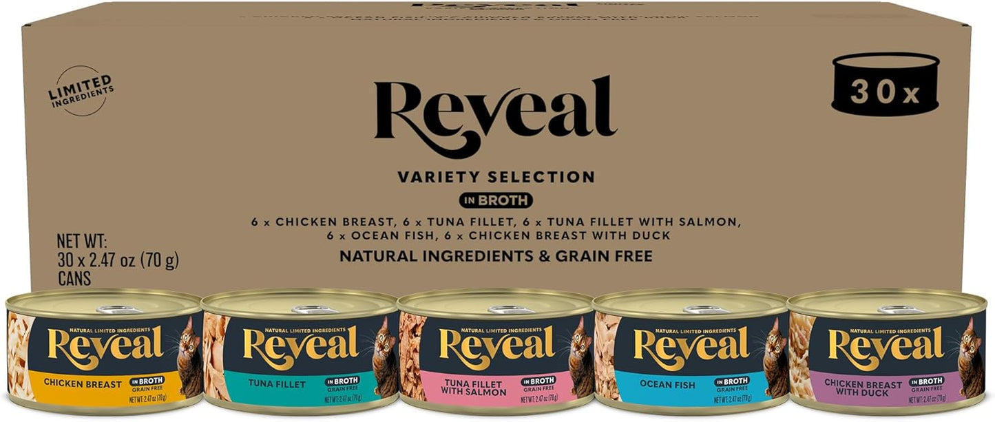 Reveal Natural Wet Cat Food, 30 Count, Grain Free, Limited Ingredient Canned Food for Cats, Fish and Chicken Variety in Broth, 2.47 oz Cans