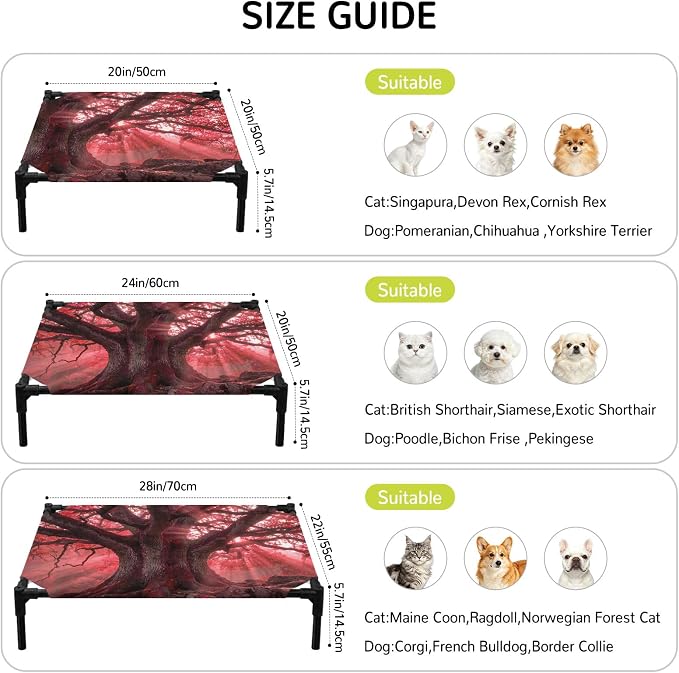 Outdoor Elevated Dog Bed for Medium Dogs, Red Trees Breathable Cooling Raised Dog Cot for Indoor/Outdoor, Country Forest Branches Nature Light View Waterproof Elevated Pet Beds, M 24 x 20 in