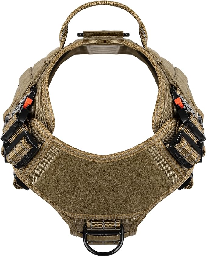 ICEFANG Tactical Dog Harness for Large Dogs,Full Metal Buckles Dog Vest | with MOLLE, Reflective,Adjustable,2 Leash Clips,Control Handle,No Pull,Soft Padded,Brown,Large