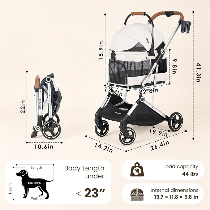 T3 Pro Small Dog Stroller (Beige & Net Wall) | Detachable Carrier, 3-in-1 Stroller, Lightweight, Breathable Mesh Fabric, One-Button Braking, Easy to fold
