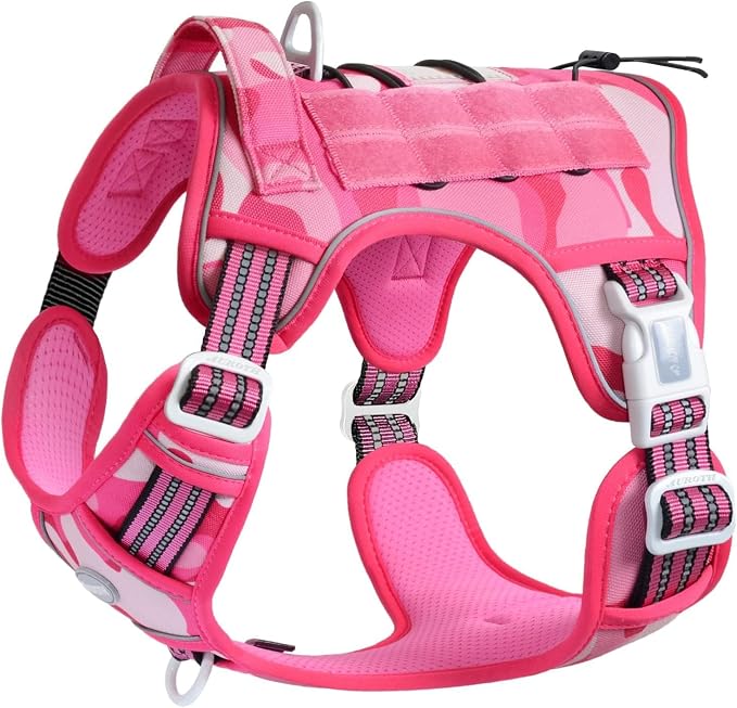 AUROTH Tactical Dog Harness for Large Dogs No Pull Adjustable Pet Harness Reflective Working Training Easy Control Pet Vest Military Service Dog Harnesses Pink Camo XXL