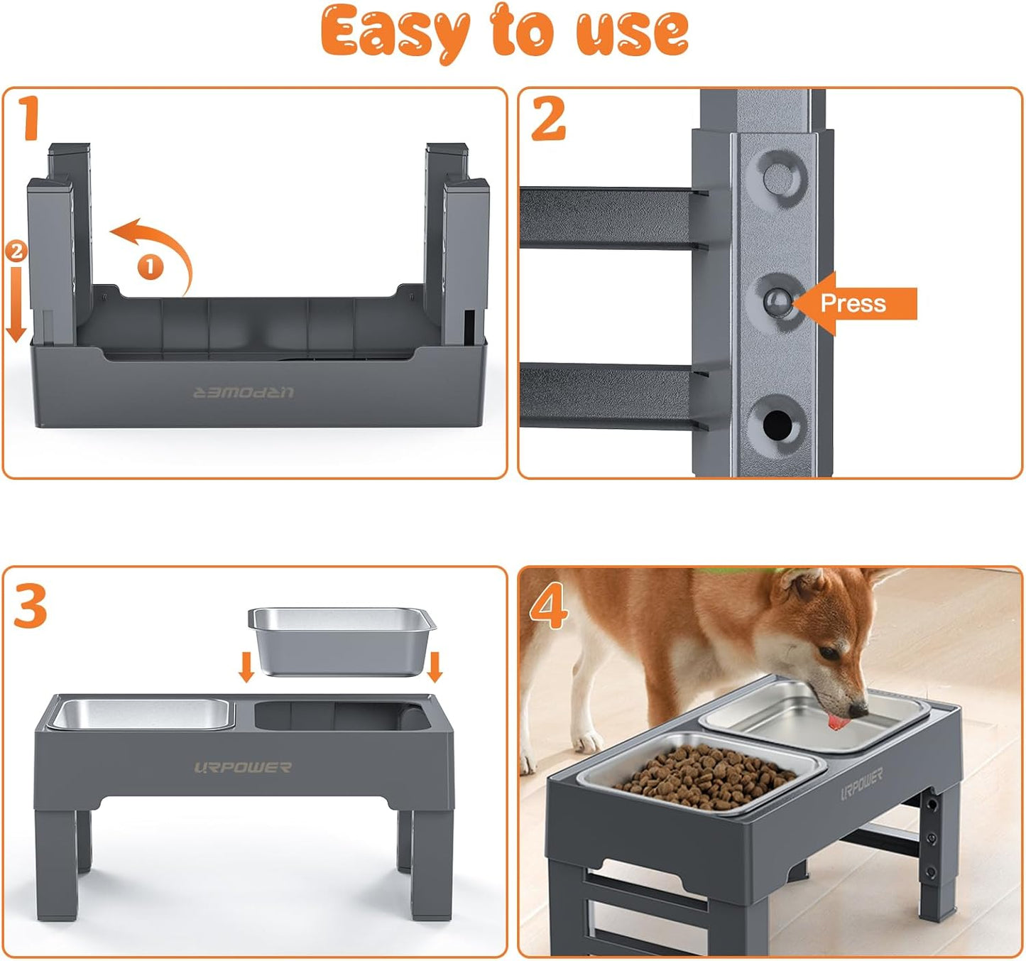 URPOWER Elevated Dog Bowls 4 Height Adjustable Raised Stand with 2 Large Stainless Steel Dog Food and Water Bowl for Small, Medium, Large Dogs and Pets