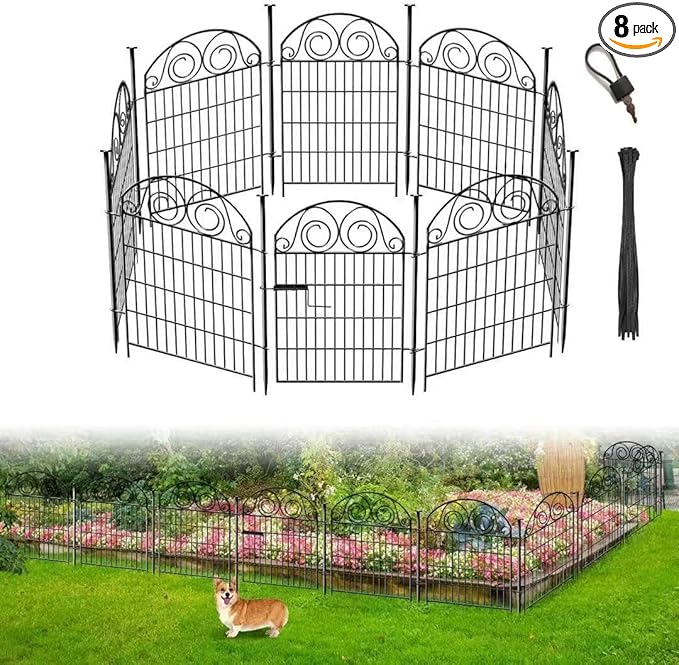 Getlay Tall Garden Fence Animal Barrier with Gate, 36 in(H) 8 Panels Garden Fences and Borders for Dogs, Dog Fence Outdoor for Yard, Total Length 17.5 Ft Metal Temporary Fencing│Patented