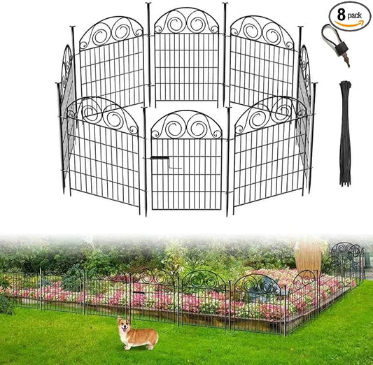 Getlay Tall Garden Fence Animal Barrier with Gate, 40 in(H) 8 Panels Garden Fences and Borders for Dogs, Dog Fence Outdoor for Yard, Total Length 17.5 Ft Metal Temporary Fencing│Patented