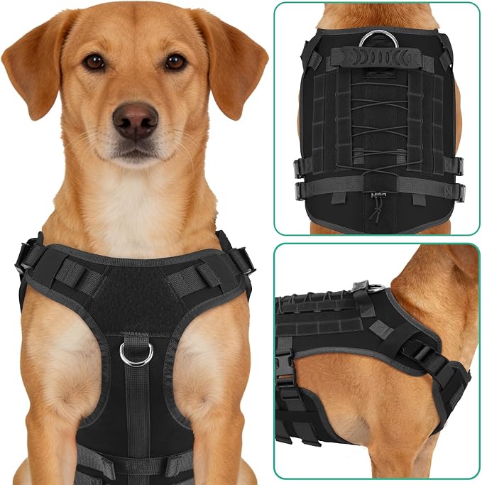 YooxArmor No Pull Dog Harness and Leash Set, Tactical Adjustable for Medium Sized Dog, Easy Walk Soft Vest Padded Oxford for Training Hiking (Black-M)