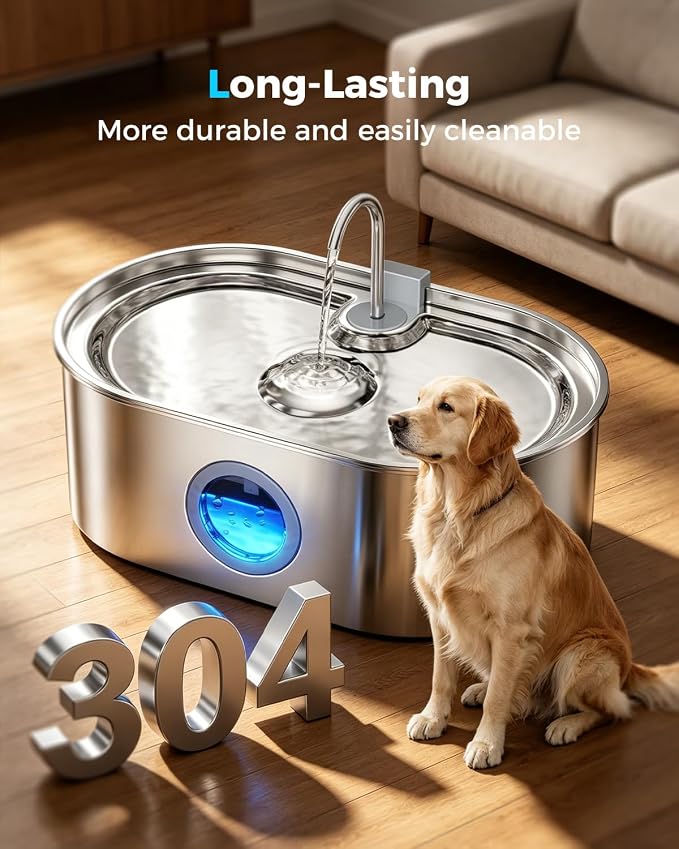 4.2Gal Extra Large Dog Water Fountain, 16L Stainless Steel Pet Water Fountain for Large Dogs, No Spill Dog Water Bowl Dispenser with Deeper Wider Bowl, 68-Cup Water Tank for Multi-Pet(with 7 Filters)