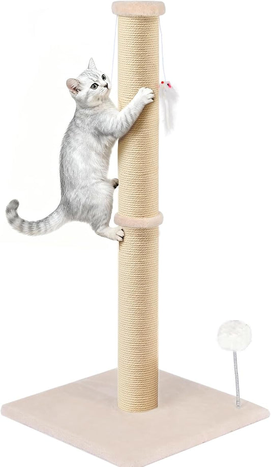 36 Inch Tall Cat Sisal Scratching Post for Indoor Cats, Beige | Natural Sisal, Sturdy Base, Interactive Toys, Full Stretch, Furniture Scratching Redirect, For Kittens and Adult Cats