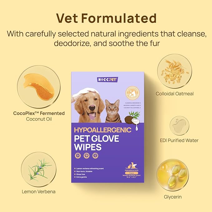 HICC PET Cleaning Deodorizing Glove Wipes for Dogs & Cats, Vet Recommended Hypoallergenic Hydrating & Nourish Fur Pet Grooming Glove Wipes, Pet Bathing Wipes for Horse Coat Care, 6pcs Verbena Scent