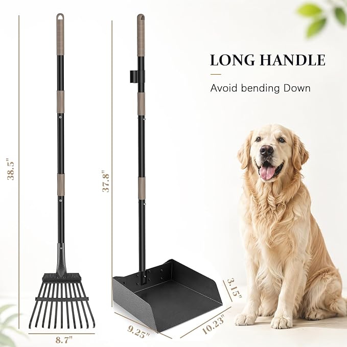 Pooper Scooper for Large Dogs, Metal Poop Scooper with Rake,Tray for Yard | Extra Large Pan, Long Handle, No Bending, Heavy Duty Stainless Steel, Rust Proof, Perfect for Seniors Pet Owner Multiple Dog