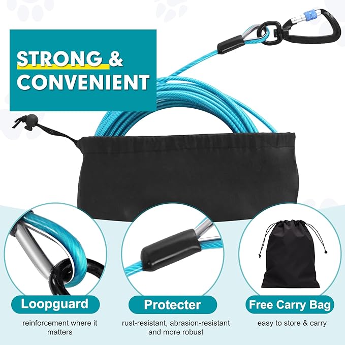 Snagle Paw Dog Leads for Yard 100FT-1000LBS Break Strength,Heavy Duty Tie Out Cable for Dogs with Swivel Lockable Hook & Spring,Chew Proof Dog Chain for Outside,Dog Run Cable for Medium Large Dogs