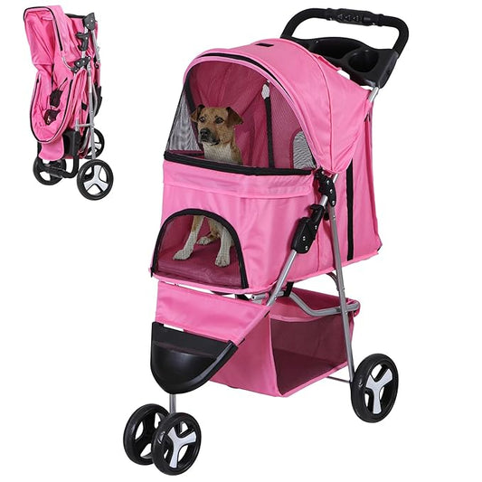 LEMY Foldable Pet Stroller,3 Wheels Cat/Dog Stroller with Weather Cover for Small/Medium Dogs and Cats,Pink Pet Strolling Cart with Storage Basket and Cup Holder