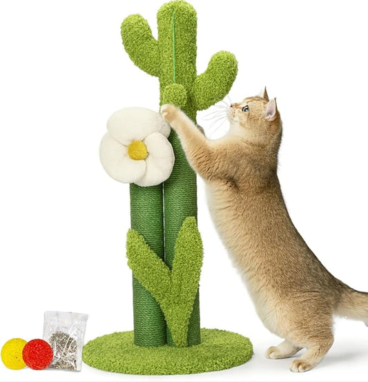 Happi N Pets 33" Tall Cactus Cat Scratching Post for Large Cats, Heavy Duty Double Scratch Posts with Flower & Crinkle Leaves, Cactus Cat Tree with 2 Bonus Toy & Catnip, Green Stable Scratching Post