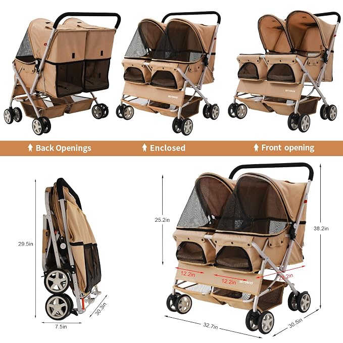 Double Pet Stroller for 2 Small Dogs & Cats, Side-by-Side Twin Travel Carriage with Safety Leashes, Mesh Windows & Double Storage Baskets, Lightweight & Foldable, 44lbs Capacity, Khaki