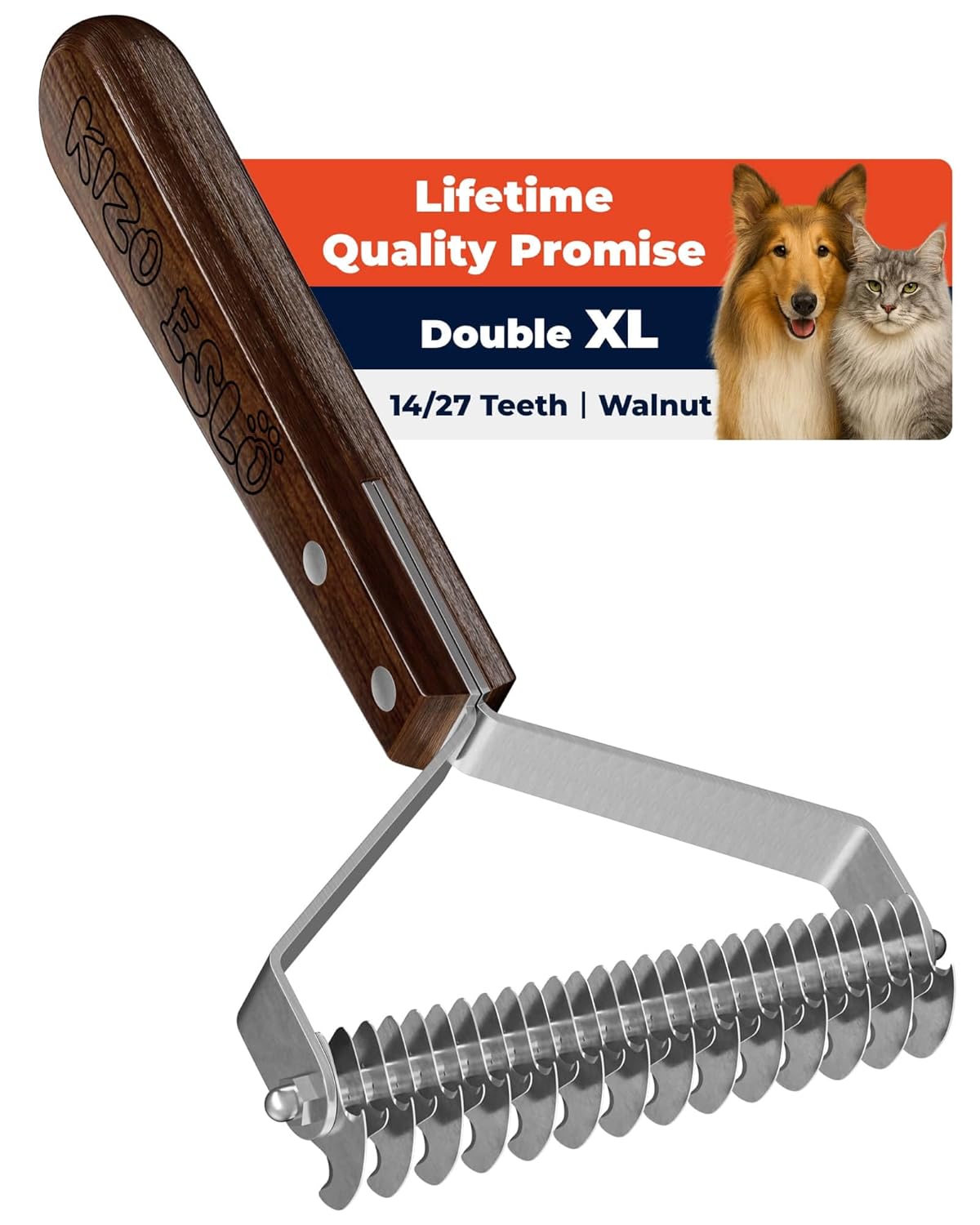 Extra Large 2-Sided Undercoat Rake for Dogs & Cats, Dog Brush for Shedding Remove Mats, Dematting Comb, Safe & Gentle Grooming Brush for German Shepherds Medium to Long-Haired Pets (Walnut Handle)