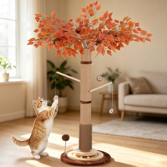 46" Extra Tall Cat Scratching Post with Toy for Large and Adult Indoor Cats | Sisal Cat Scratcher Tree with 3D Leaves, Hanging Plush Ball, Stable Wooden Base with Ball Track Toys