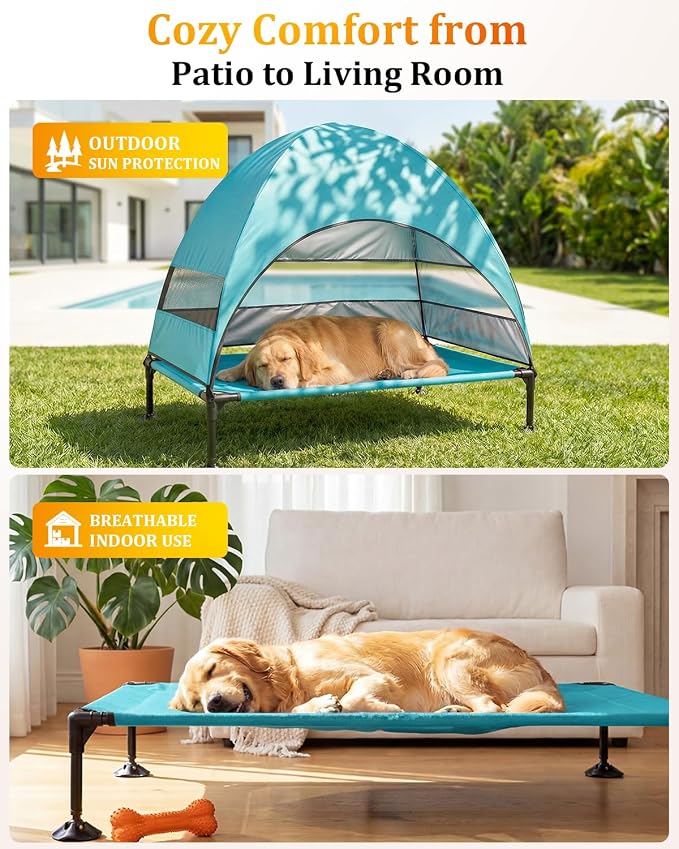 Elevated Dog Bed with Canopy - 3-Sided UV Protection Pet Tent with Wider Shade, Raised Cooling Outdoor Dog Cot with Breathable Mesh for Medium Large Dogs, Portable Pet Bed for Camping, Patio (Aqua, L)