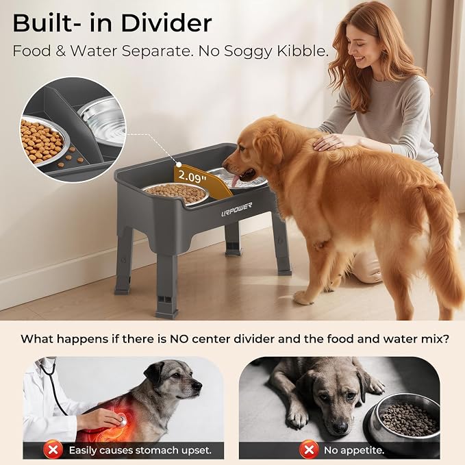 URPOWER Mess Proof Elevated Dog Bowls, Splash Guard Raised Bowl Stand | 4 Adjustable Heights, 2 Stainless Steel Bowls, Food & Water Separation, Foldable Design Non-Slip for Small Medium Large Dogs