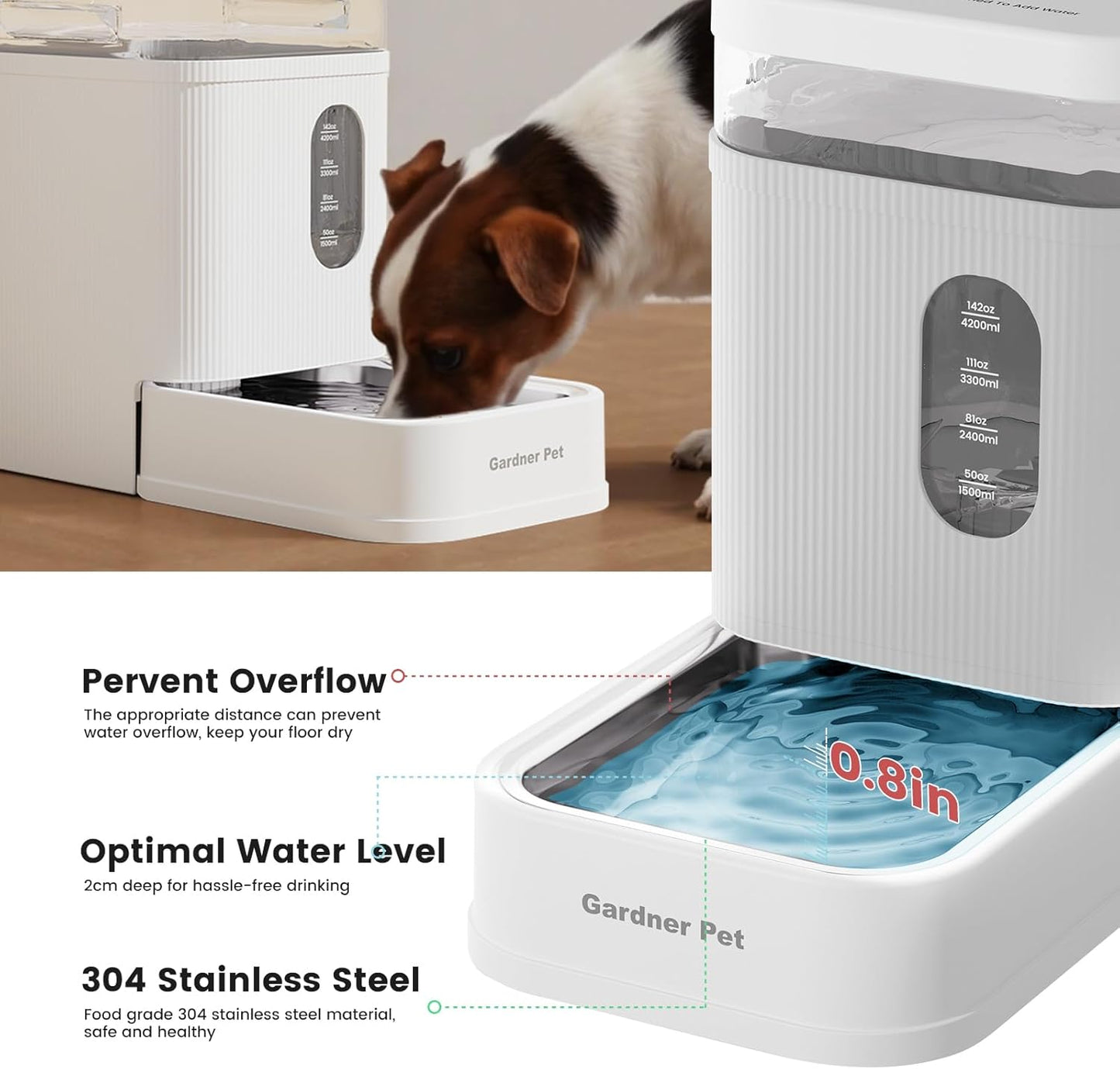 Gardner Pet Automatic Dog Water Dispenser Gravity Waterer with Stainless Steel Bowl Water Dispenser 6.5L Large Capacity Water Feeder for Dogs Cats Pets, BPA-Free Noise-Free (White, 6.5L)