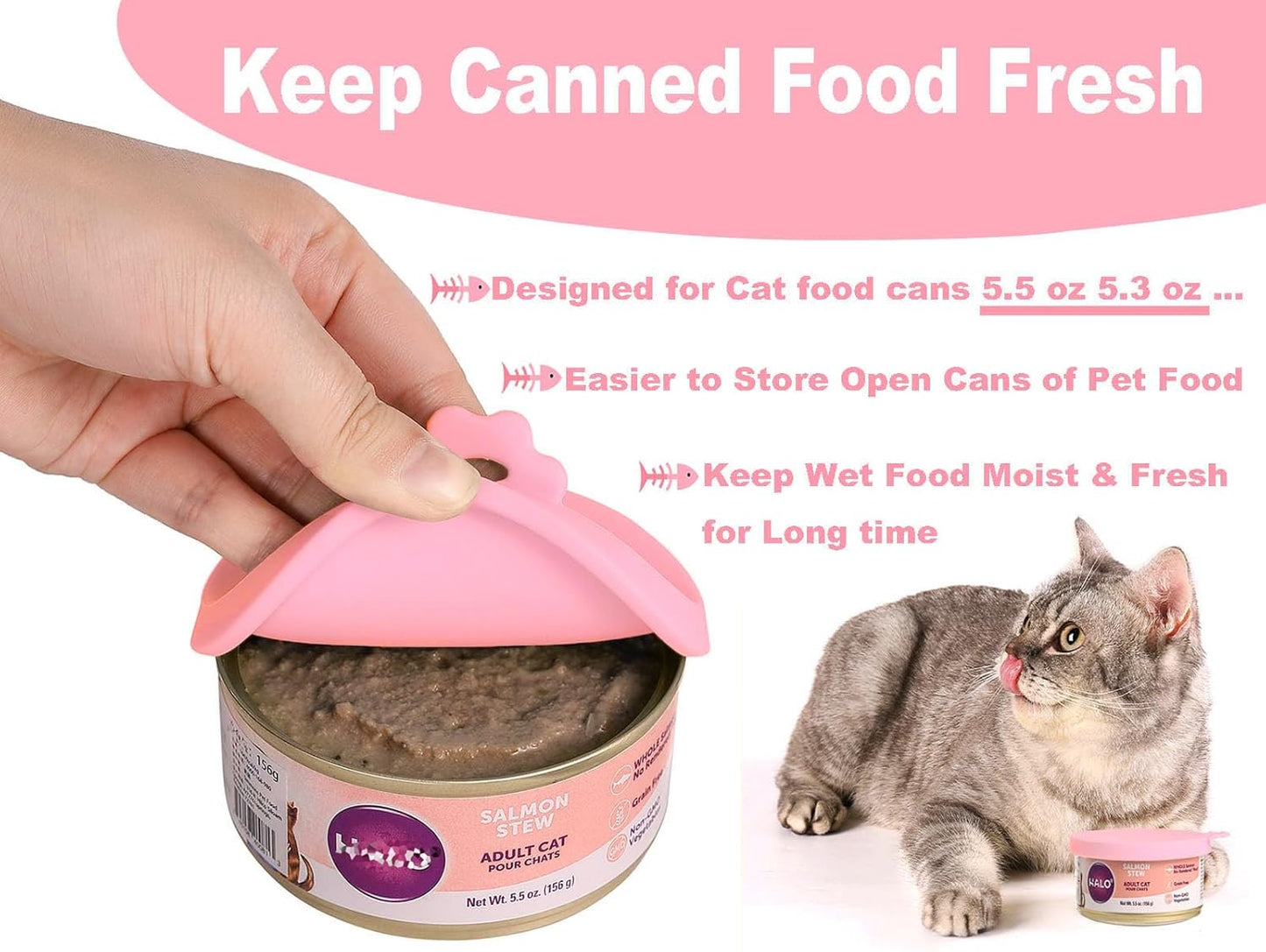Comtim Cat Food Can Covers Lids for 5.5 oz Cans, 2 Pack Silicone Cat Food Can Lids for 5.5 oz 5.3 oz Cans...Pet Food Can Covers Reusable Can Toppers Savers for Wet Food (Pink)